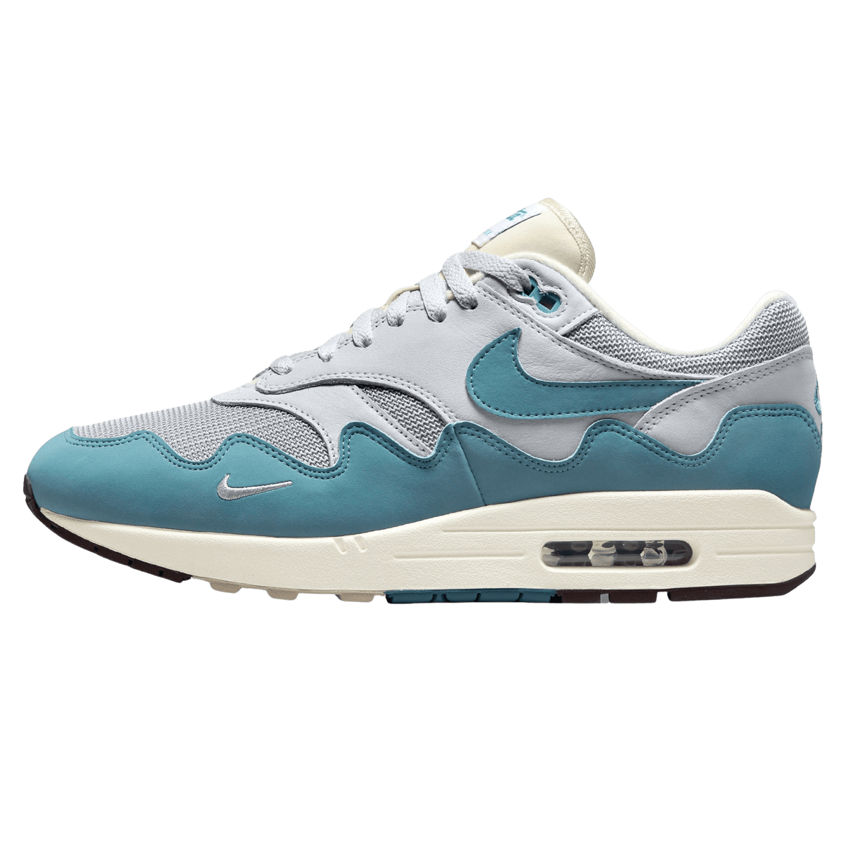 White and aqua Nike Air Max 1 trainers with wavy side panels and lace-up front