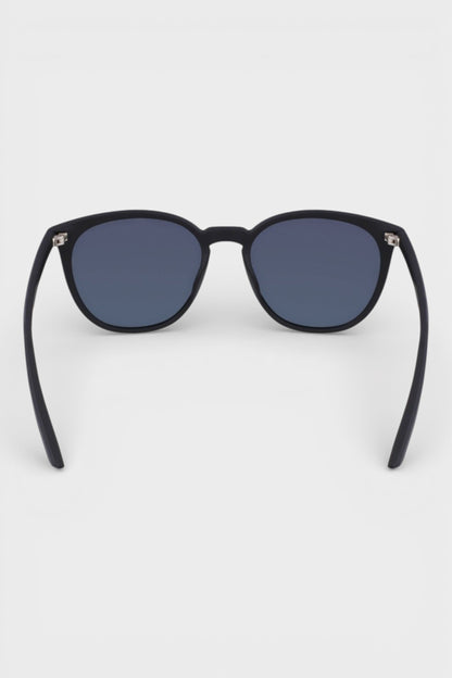 Nike matte black sunglasses with dark grey lenses, front close-up