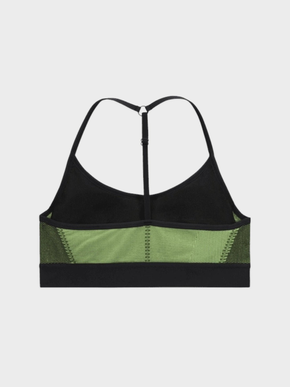 Green and black sports bra with mesh-like knit pattern and racerback straps