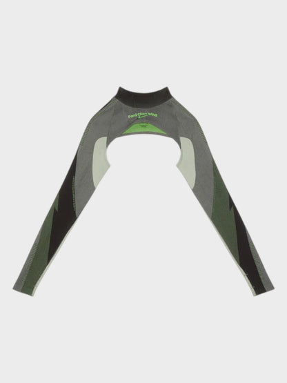Long-sleeve knit top with dark gray/green panels and high neck oval cutout
