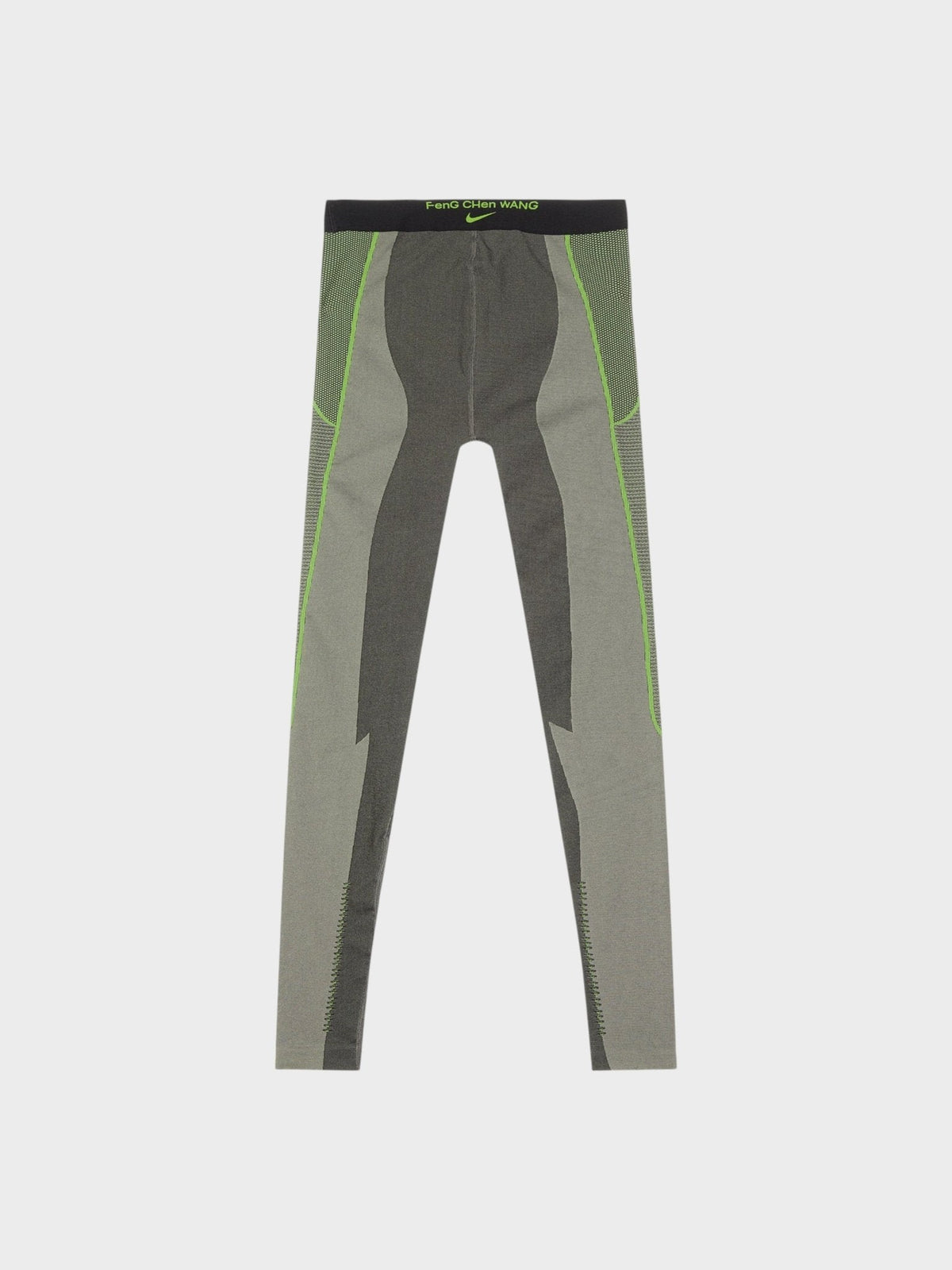 Women’s pro leggings, dark gray with neon green side panels and contrast piping