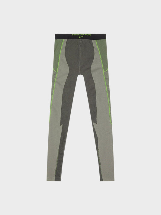 Women’s pro leggings, dark gray with neon green side panels and contrast piping