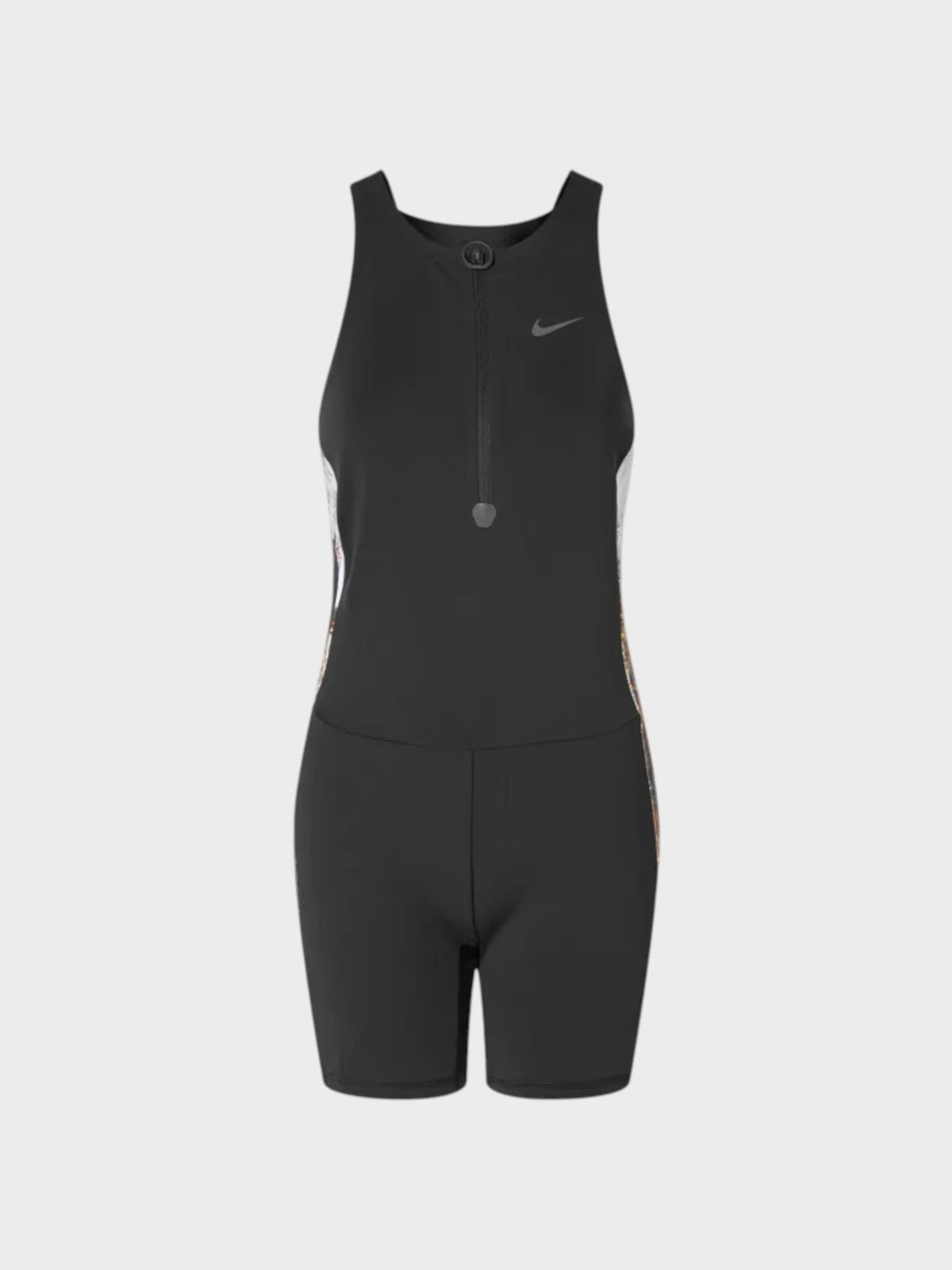 Women's black sleeveless athletic leotard with racerback and Nike swoosh at chest.