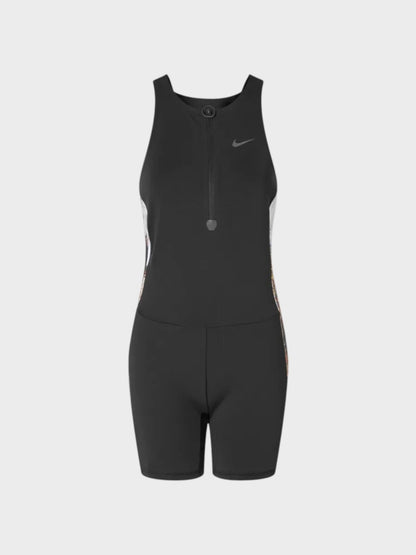 Women's black sleeveless athletic leotard with racerback and Nike swoosh at chest.