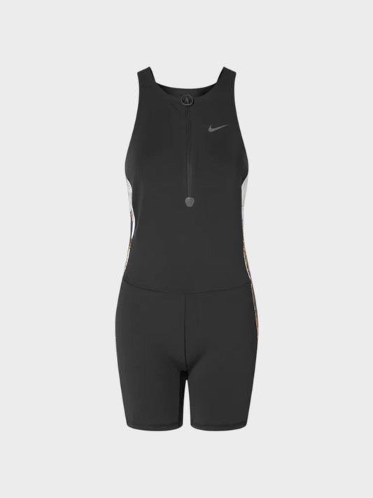 Women's black sleeveless athletic leotard with racerback and Nike swoosh at chest.
