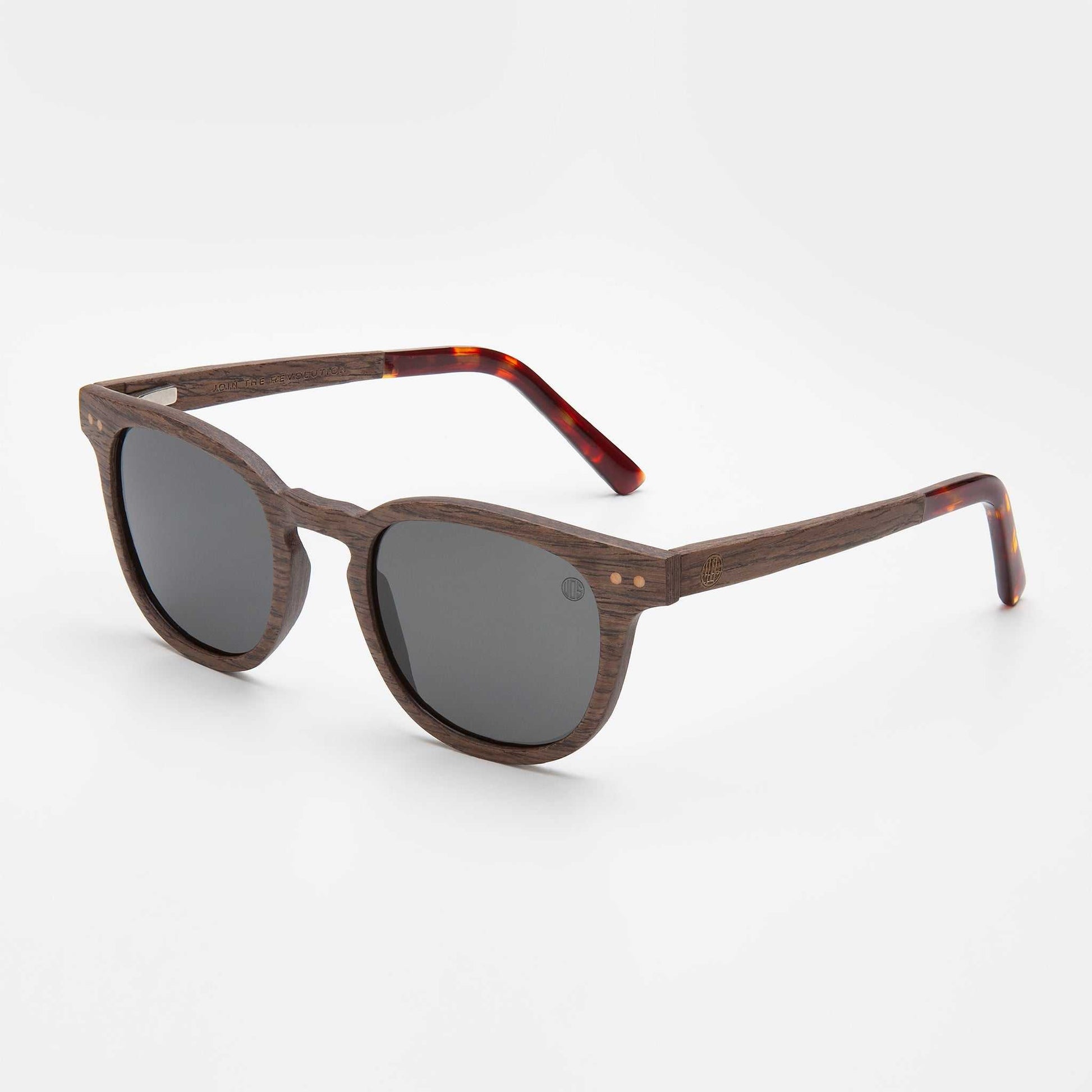 Walnut-framed sunglasses with dark round lenses and tortoise temple tips