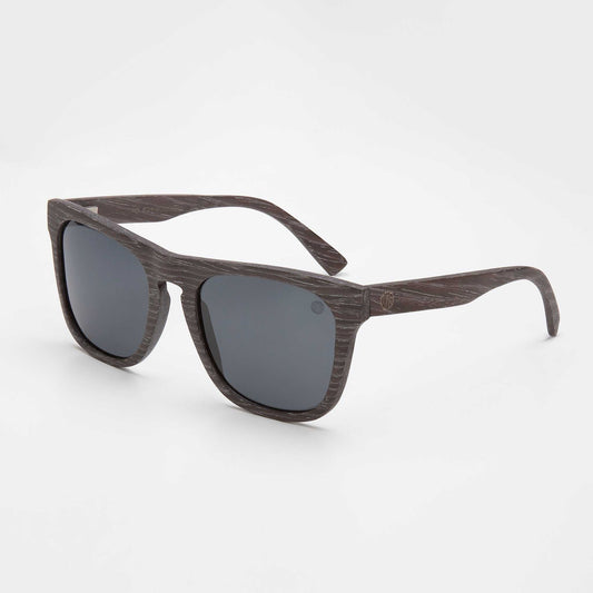 Black wood-look sunglasses with dark mirrored lenses and rectangular cat-eye frames