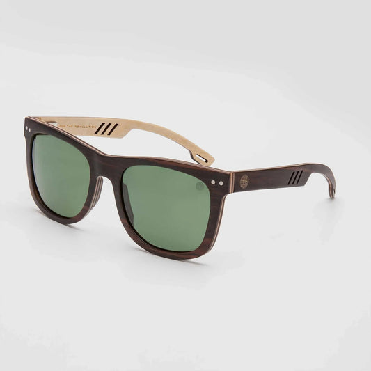 Brown sunglasses with green polarized lenses and thick square frames
