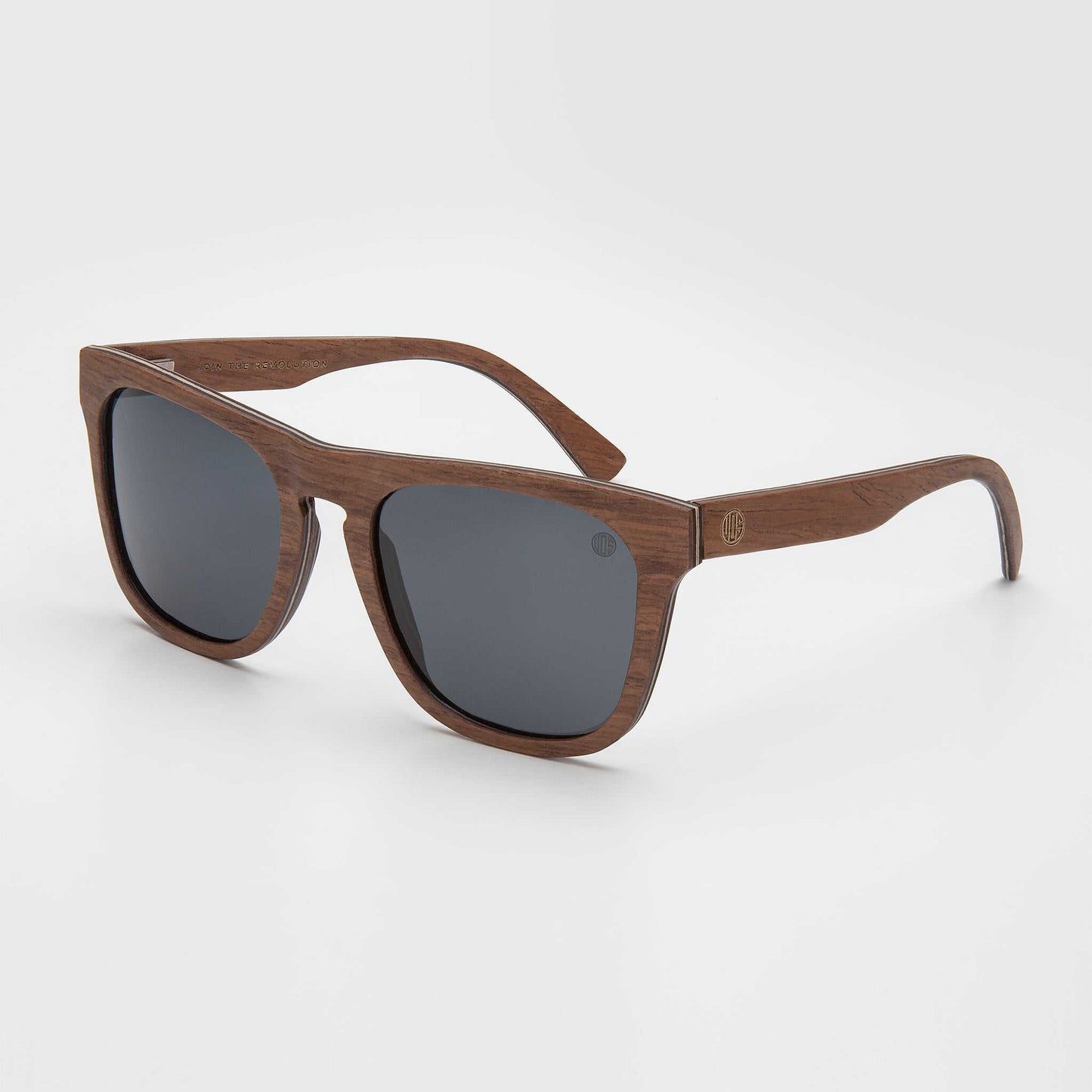 Wood-look polarized sunglasses with dark lenses and rectangular frames