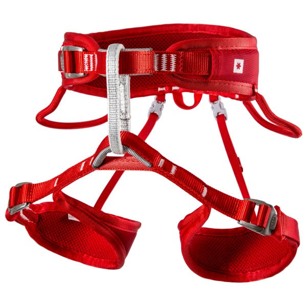 Red kids climbing harness with padded leg loops, front strap webbing, and buckles