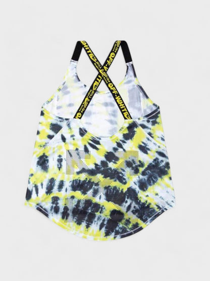 Loose-fit tank top with curved hem, yellow/black tie-dye and open back straps
