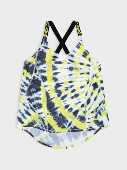 Women's Nike tank top with open back, crossed straps, and yellow/black tie-dye print