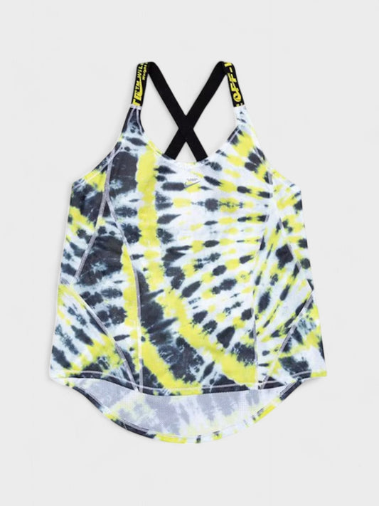 Women's Nike tank top with open back, crossed straps, and yellow/black tie-dye print