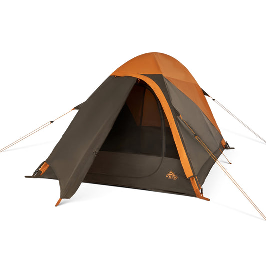 Two-person dome tent with orange rainfly and dark gray walls, front door open