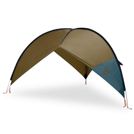 Outdoor side wall tent sunshade with arched canopy, brown and teal fabric, guy lines
