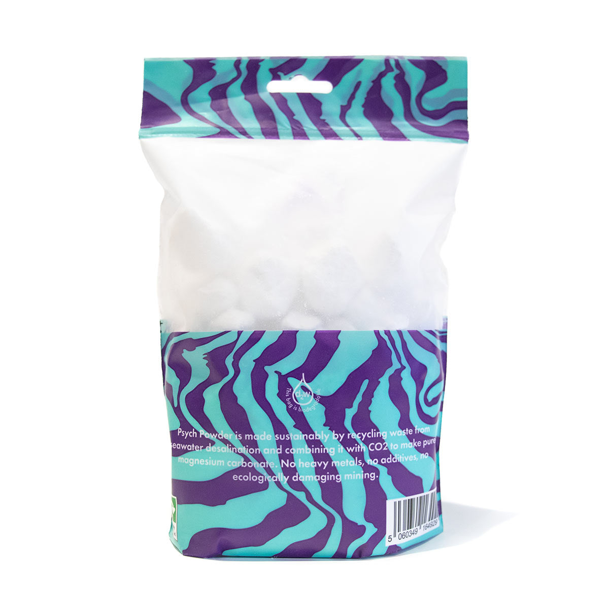 Climbing chalk powder bag with purple and teal pattern, white powder inside