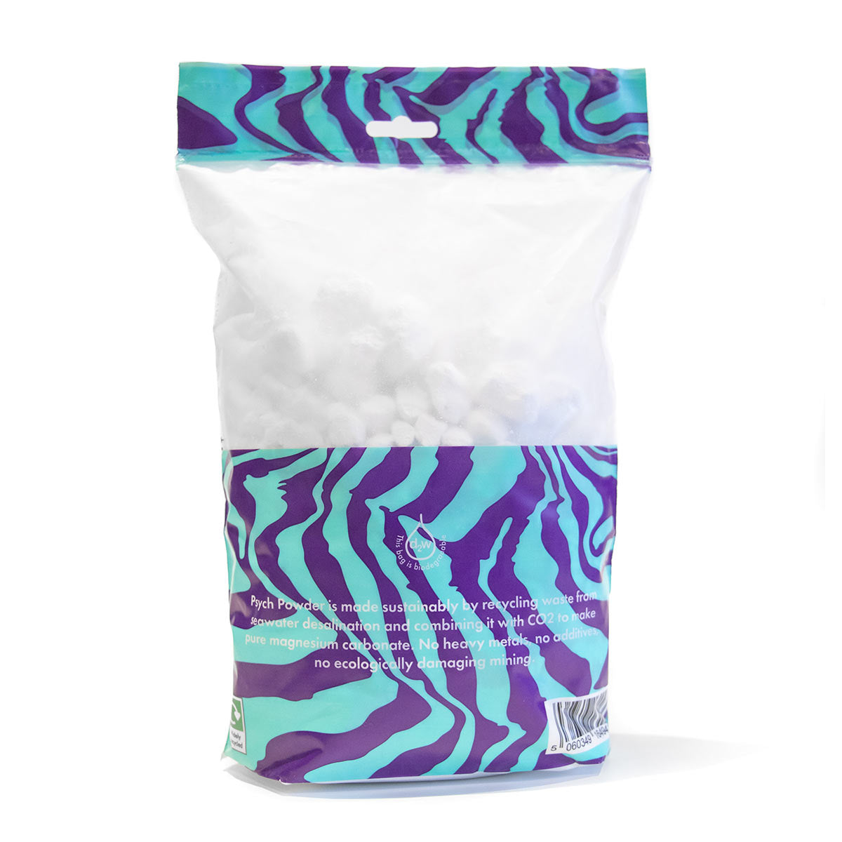 Climbing chalk powder pouch, purple and teal graphic with white front panel