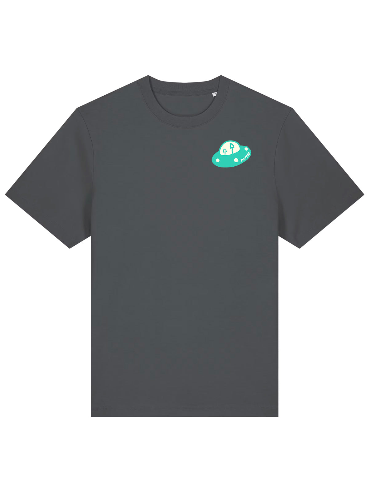 Grey organic cotton T-shirt with small circular alien mountain chest graphic