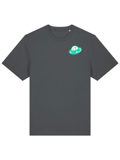Grey organic cotton T-shirt with small circular alien mountain chest graphic