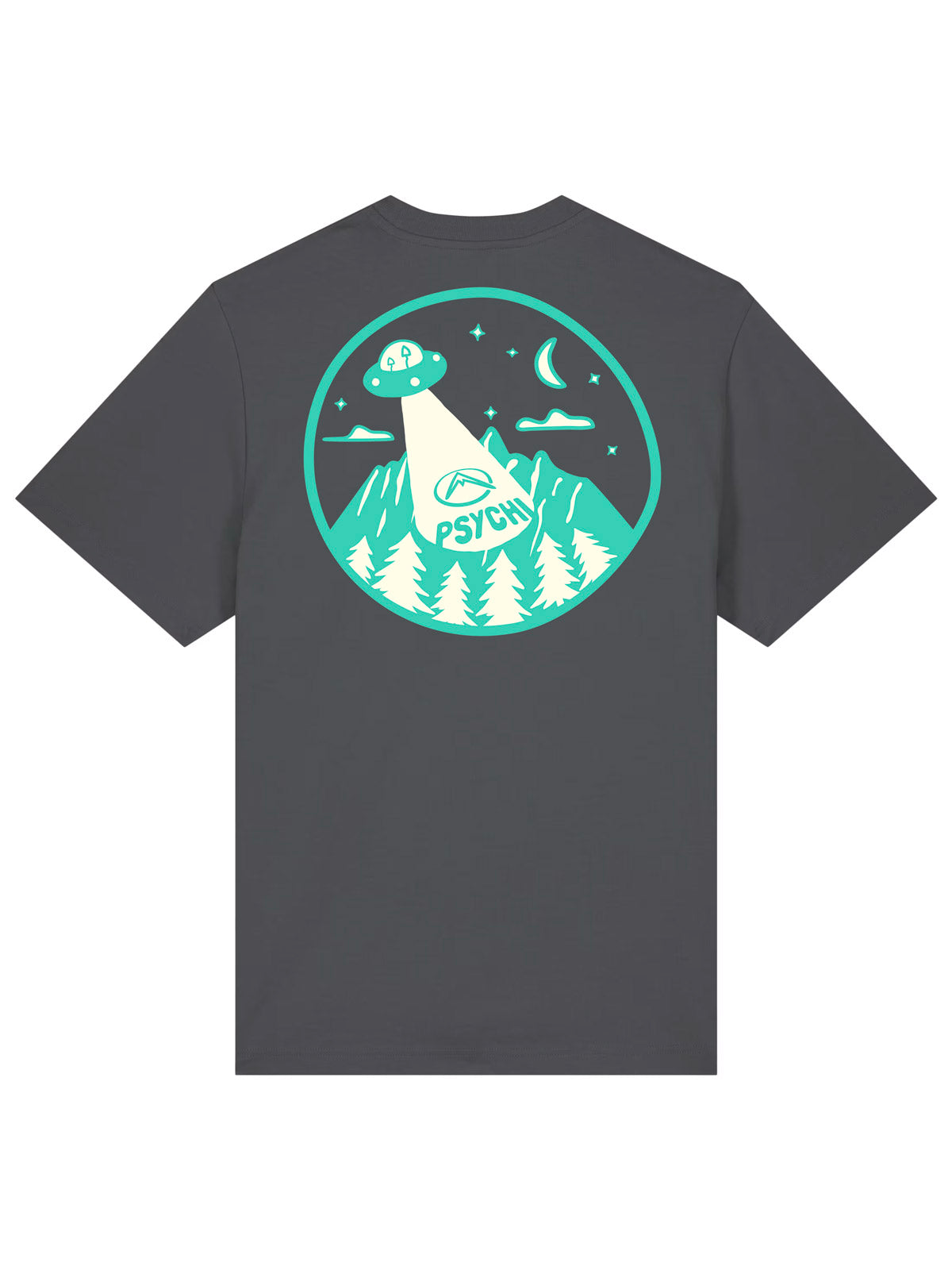 Grey organic cotton T-shirt with large circular alien mountain graphic print