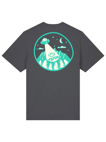 Grey organic cotton T-shirt with large circular alien mountain graphic print