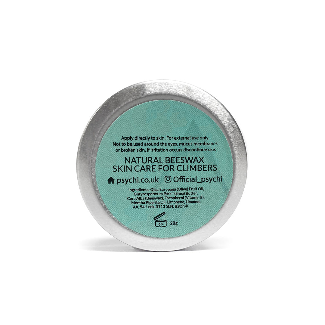 Beeswax repair balm tin with silver lid and product label on back