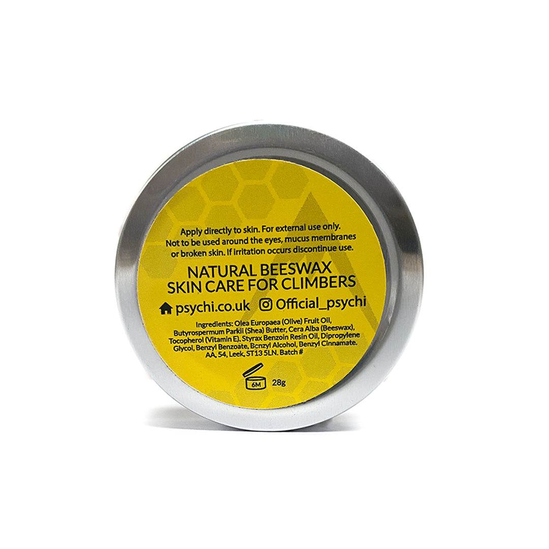 PSYCHI beeswax skincare tin back label with ingredients and barcode