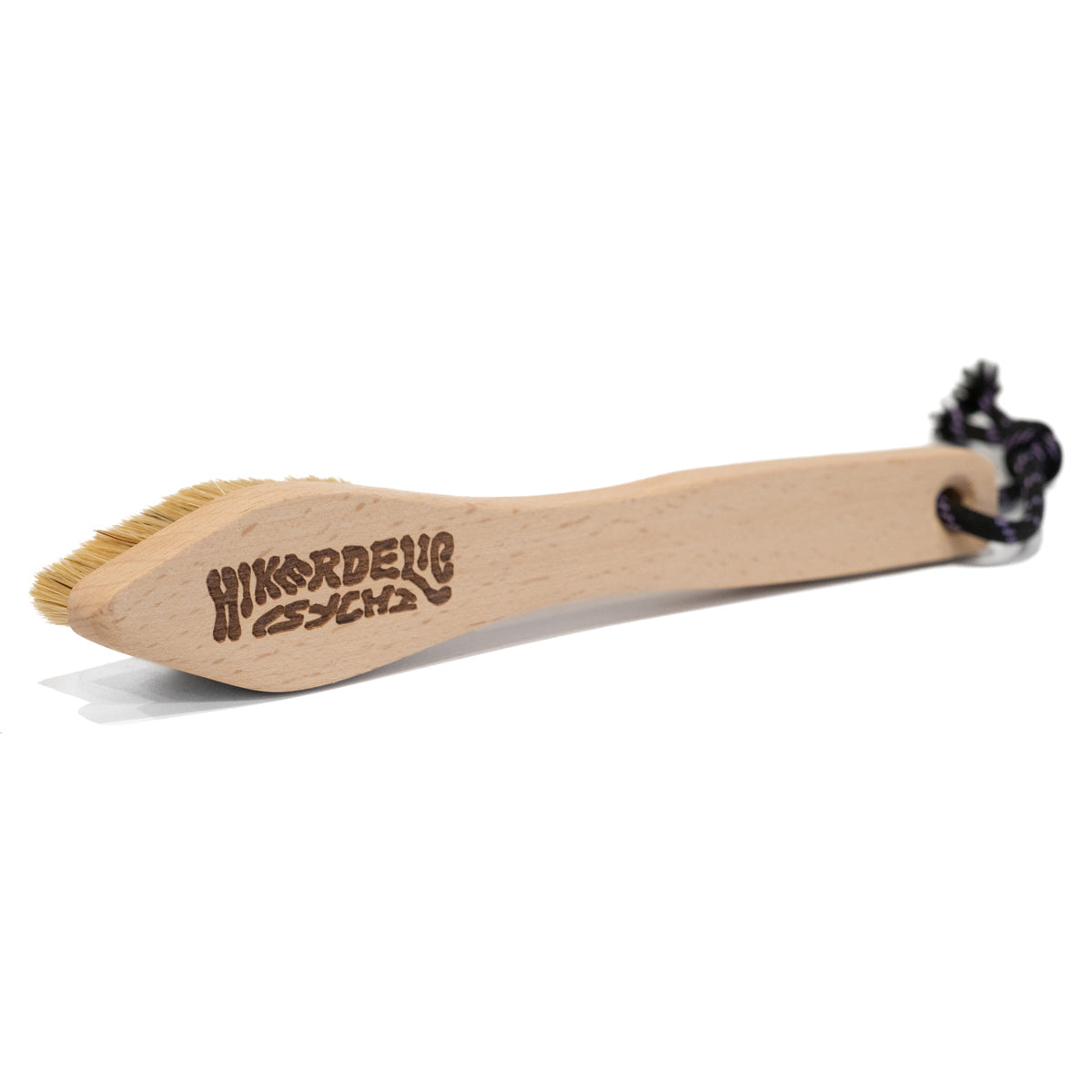 Boar-hair climbing brush with logo on light wood handle and black lace tie