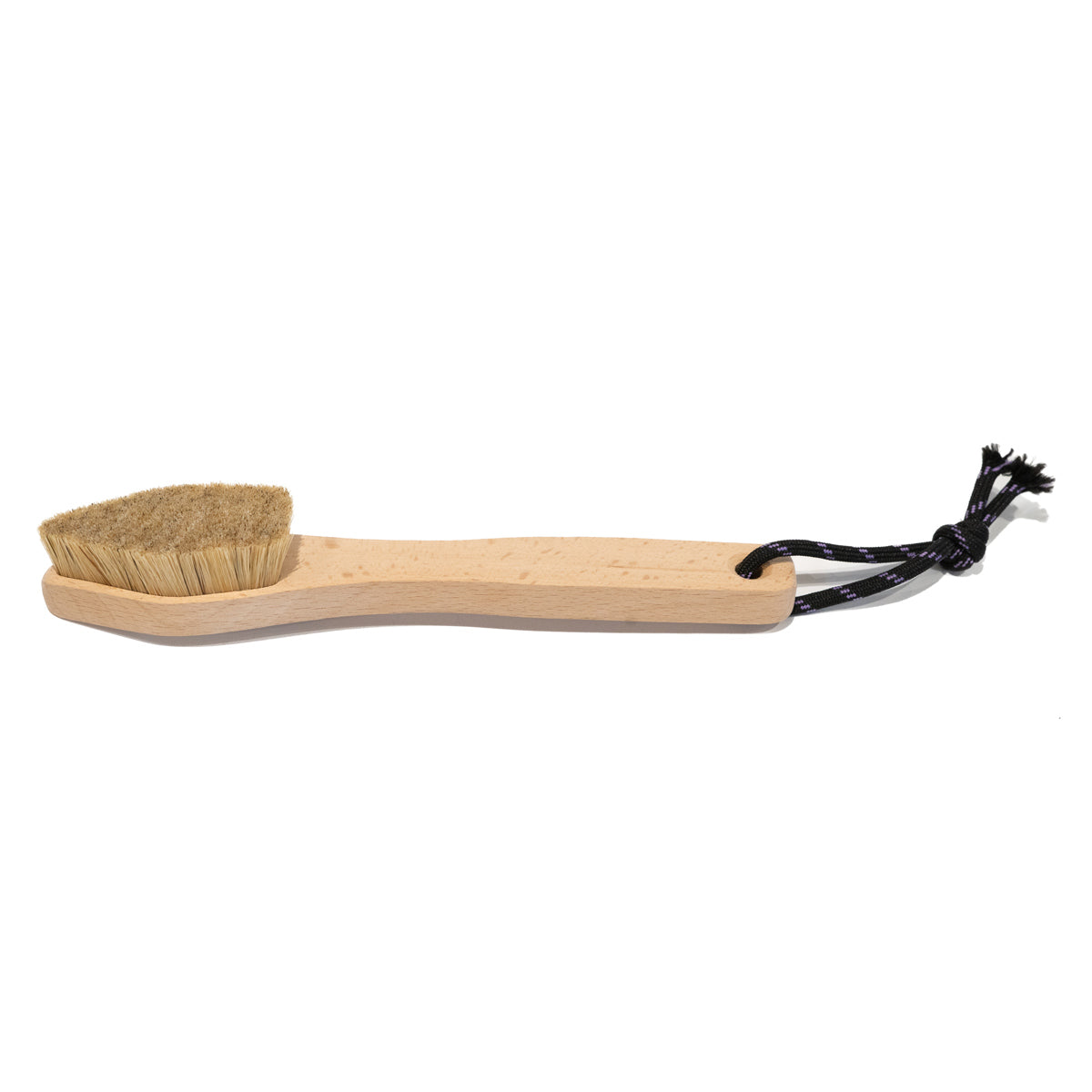 Boar-hair climbing brush with angled bristle head and black lace tie on handle