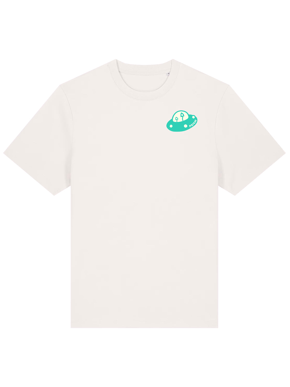 Off-white organic cotton T-shirt with small teal UFO chest print