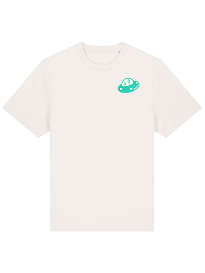 Off-white organic cotton T-shirt with small teal UFO chest print