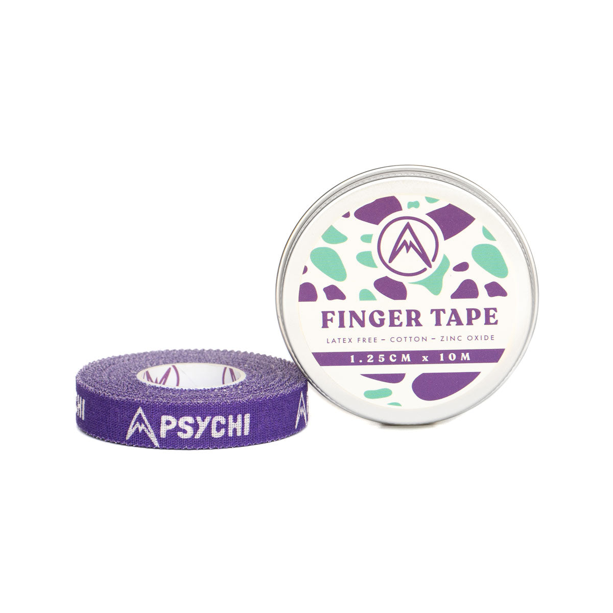 Purple PSYCHI finger tape roll with metal tin showing “Finger Tape” label.