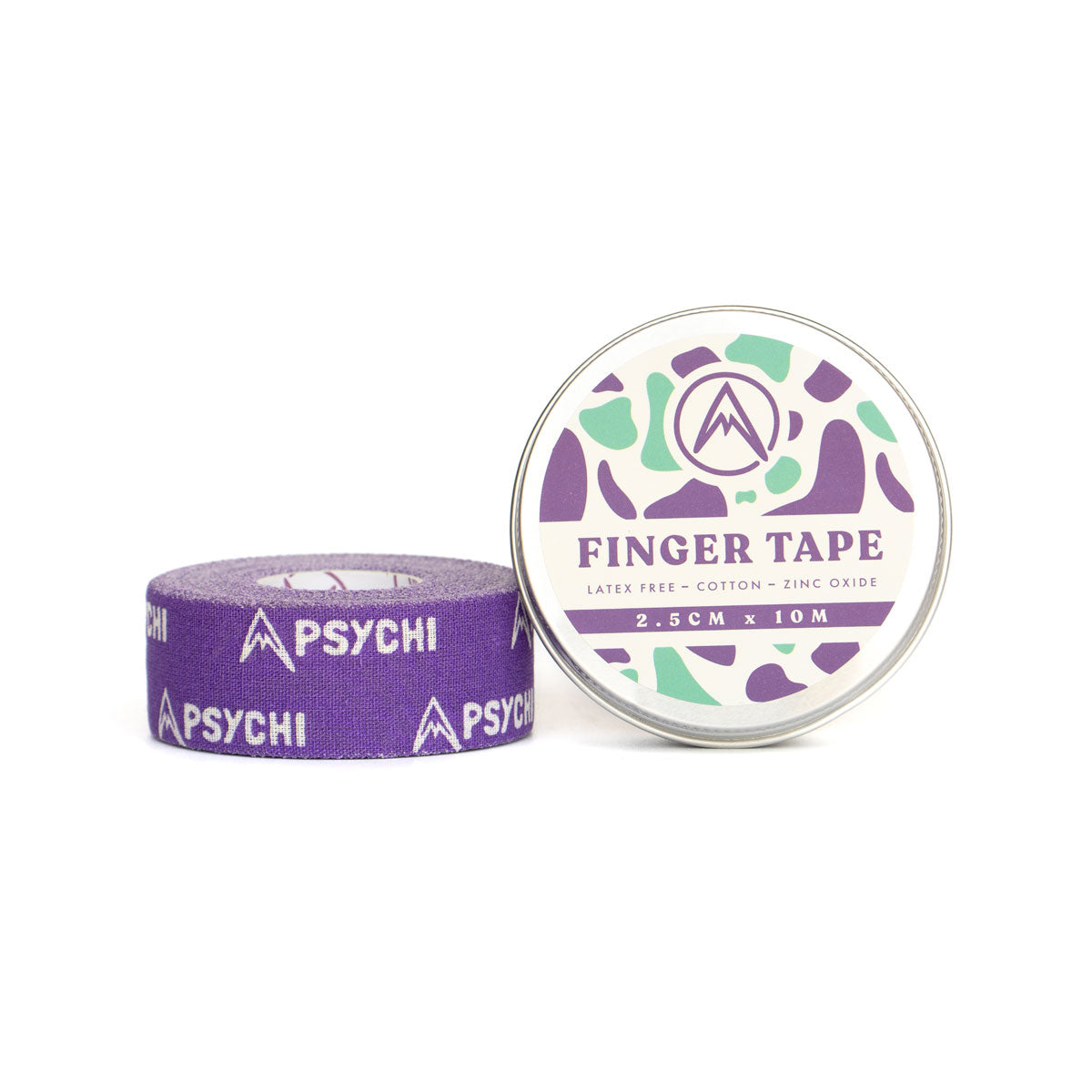 Purple PSYCHI climbing finger tape roll with storage tin, patterned label on top.