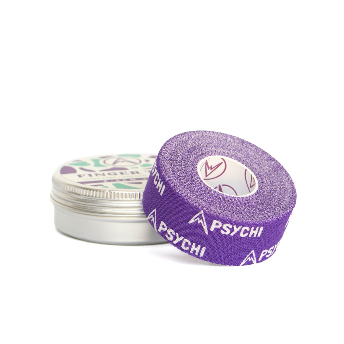 Purple PSYCHI finger tape roll with logo, stacked behind in a metal tin.
