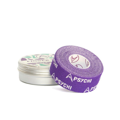 Purple PSYCHI finger tape roll with logo, stacked behind in a metal tin.