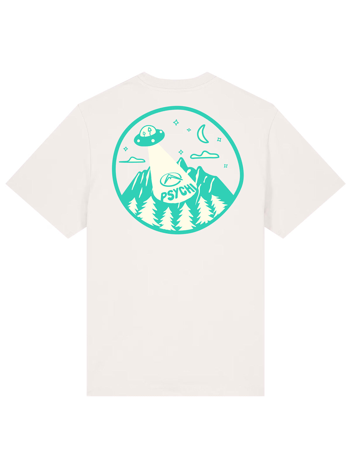 Off-white organic cotton T-shirt with circular UFO and mountain graphic