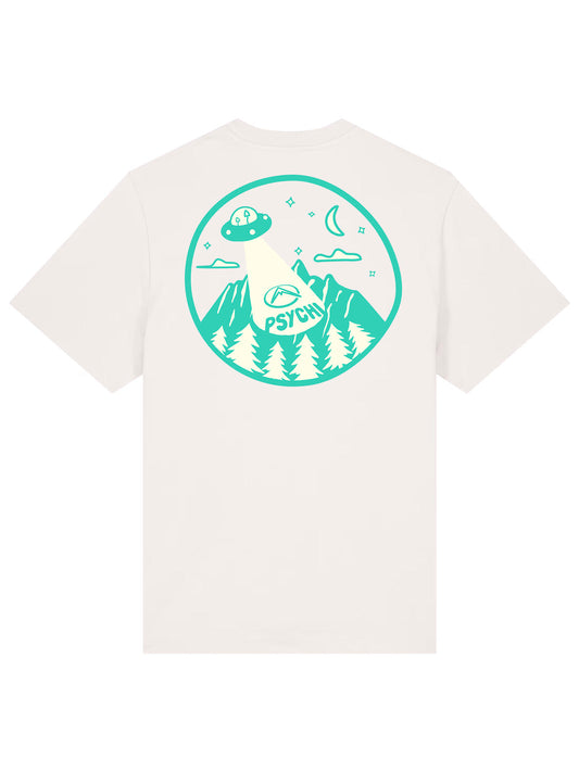 Off-white organic cotton T-shirt with circular UFO and mountain graphic