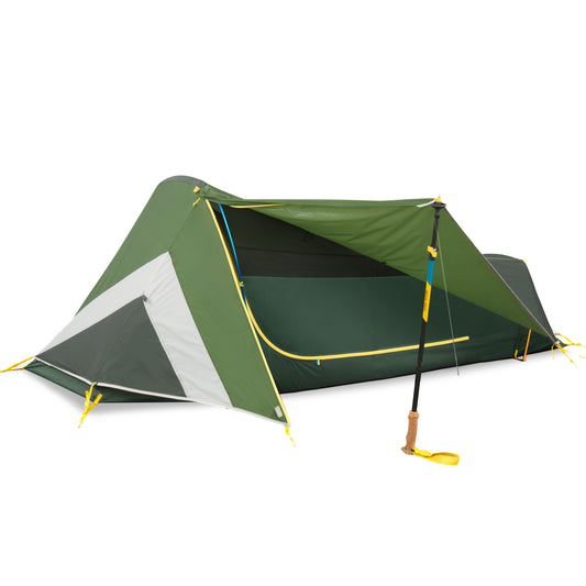 1-person tent in green with yellow guylines and dark floor, front opening