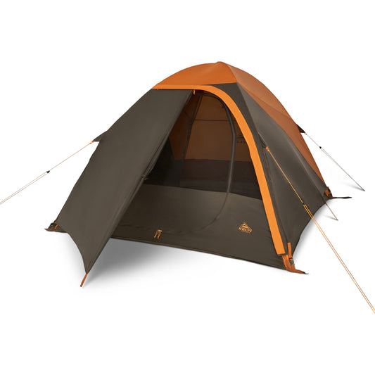 Kelty 4-person dome tent with orange and dark gray rainfly, open front door