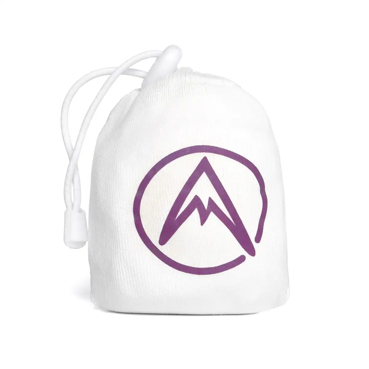 White chalk ball pouch with drawstring and purple circular logo