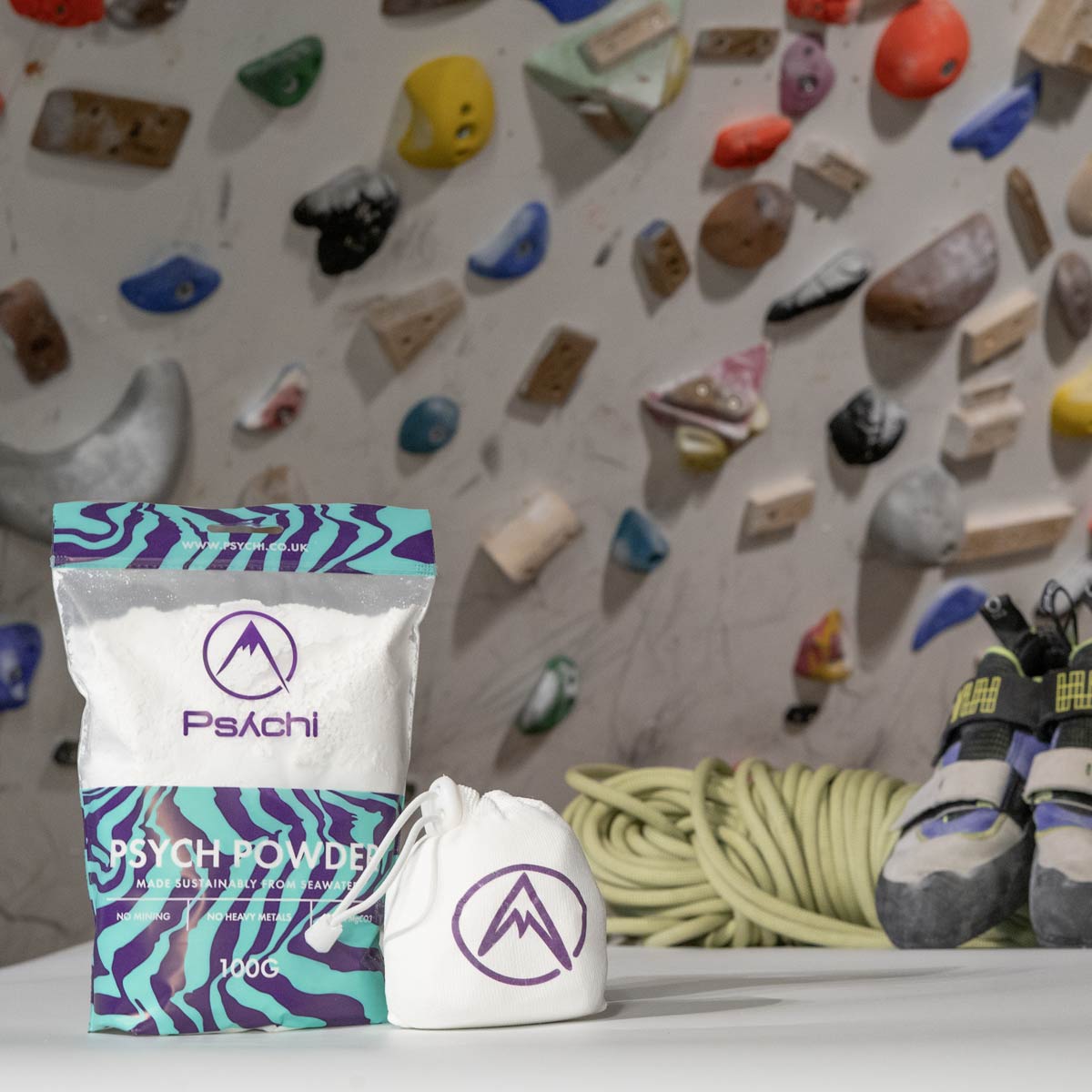 Chalk ball pouch with drawstring and refill powder bag, purple branding