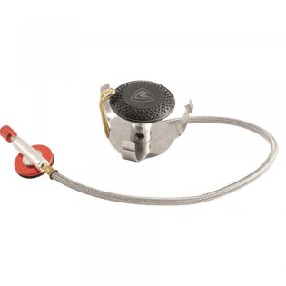 Compact outdoor stove with round burner cap and attached flexible fuel hose