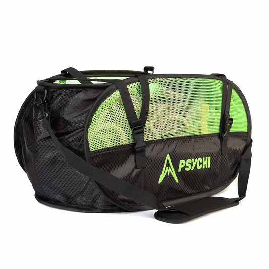 Black rope bag with neon green panels, webbing straps, and side carry handle