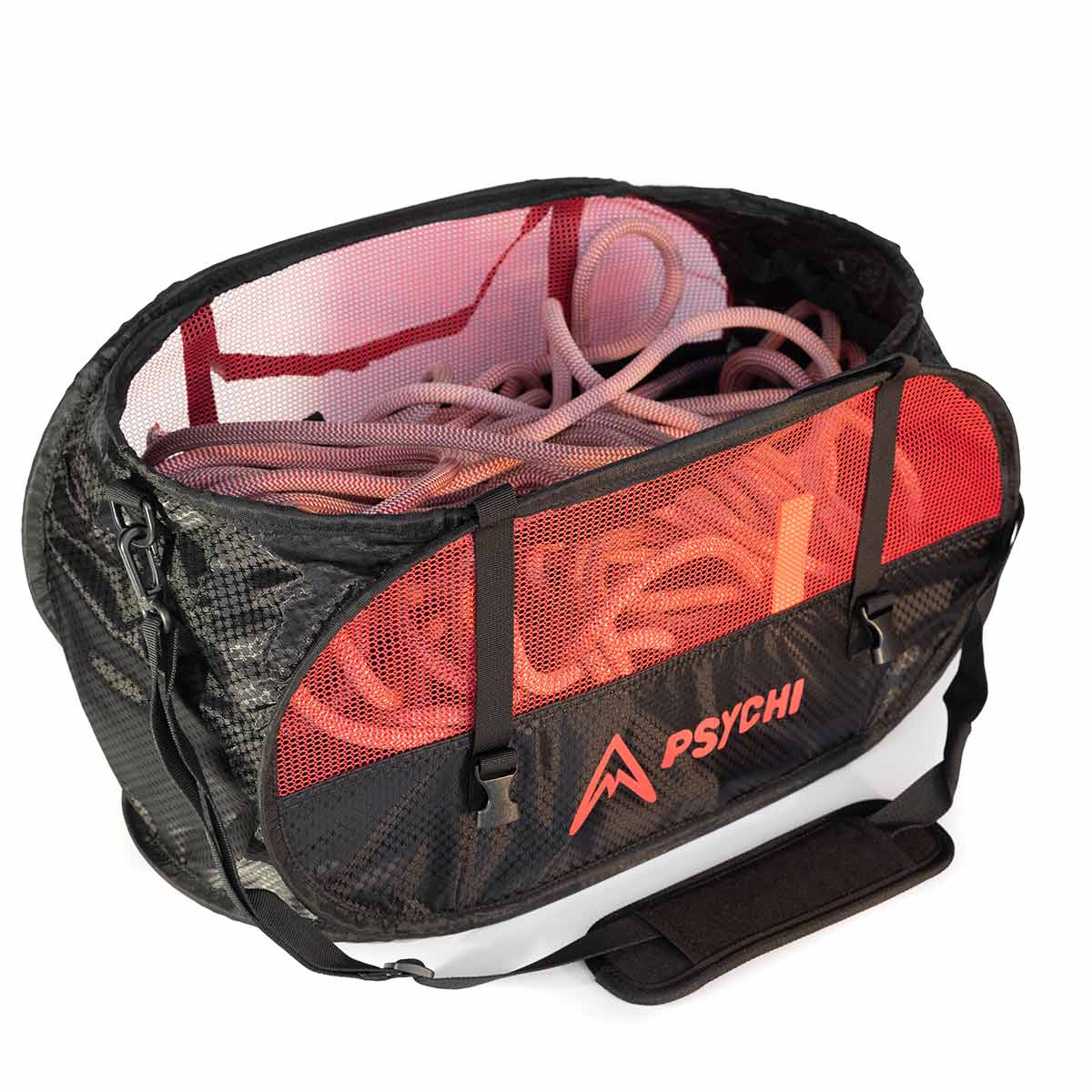 Red and black mesh climbing rope bucket bag with PSYCHI logo, open top and rope inside