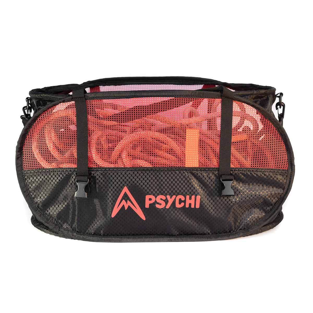 Red and black mesh climbing rope bucket bag with PSYCHI logo and reinforced handles