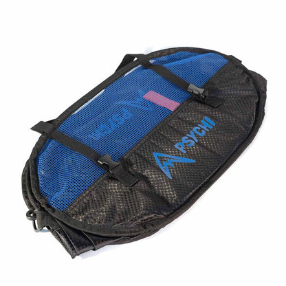 Blue and black mesh climbing rope bucket bag with side buckles and PSYCHI logo