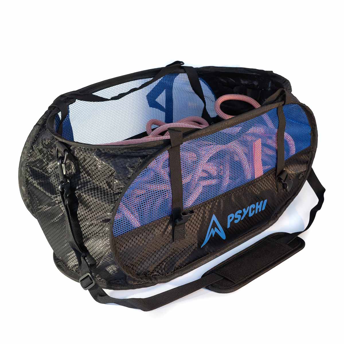 Blue and black mesh climbing rope bucket bag with PSYCHI logo, open top and rope inside