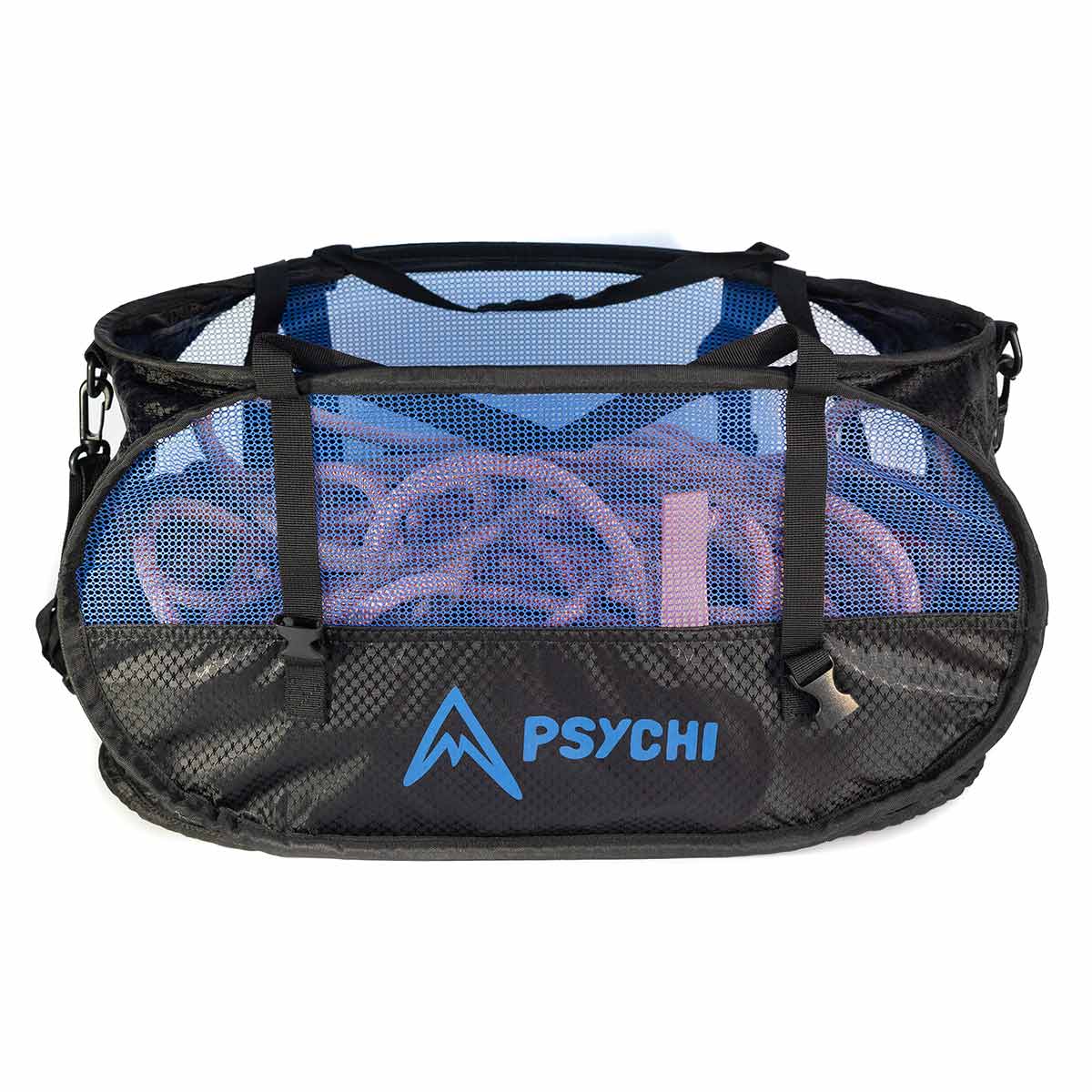 Blue and black mesh climbing rope bucket bag with PSYCHI logo and cross straps