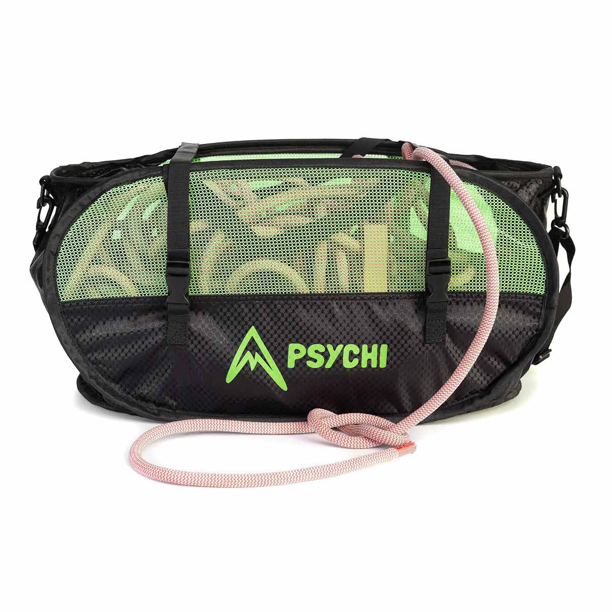 Black rope bag with neon green front panel and PSYCHI logo, includes pink drawcord
