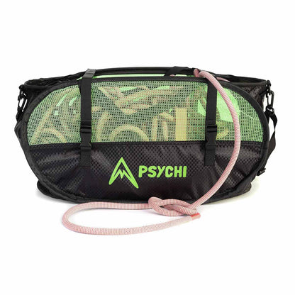 Black rope bag with neon green front panel and PSYCHI logo, includes pink drawcord